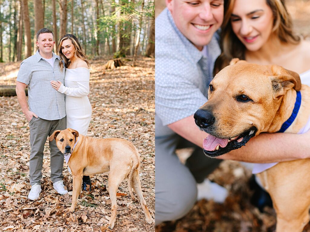 Couple standing in a wooded area with their large tan dog in front, all facing the camera. 