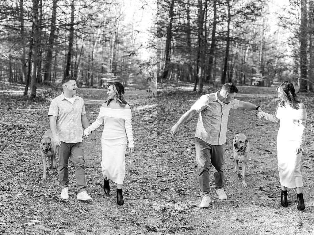 Two black and white photos of a couple walking with their dog on a forest path, holding hands and smiling at each other.