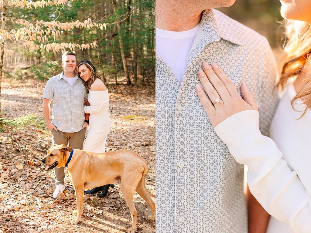 Side-by-side photos of a couple with their dog in a sunlit forest; one close-up of the woman’s hand showing her engagement ring.