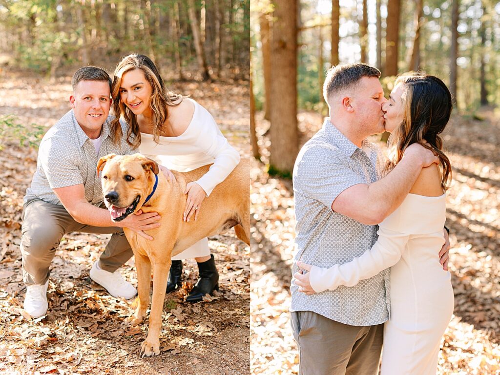 Couple smiling at the camera while crouching next to their tan dog in a forest; second image shows them sharing a kiss.