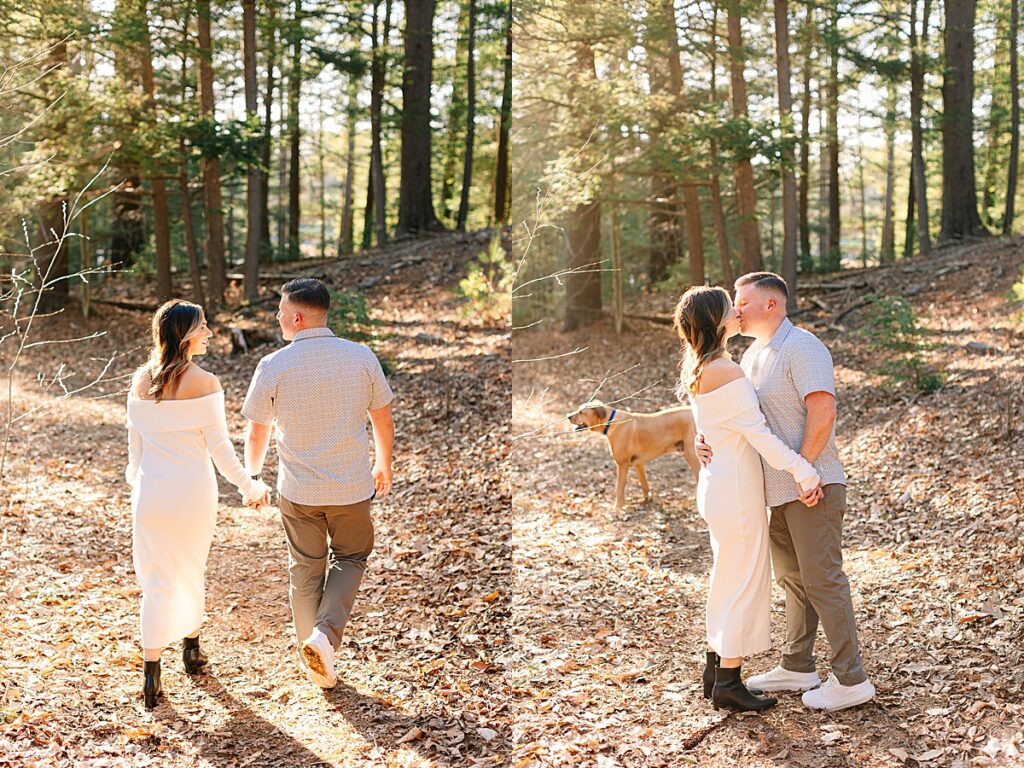 Couple walking hand in hand through a sunlit forest; second image shows them sharing a kiss while holding hands, dog in the background.