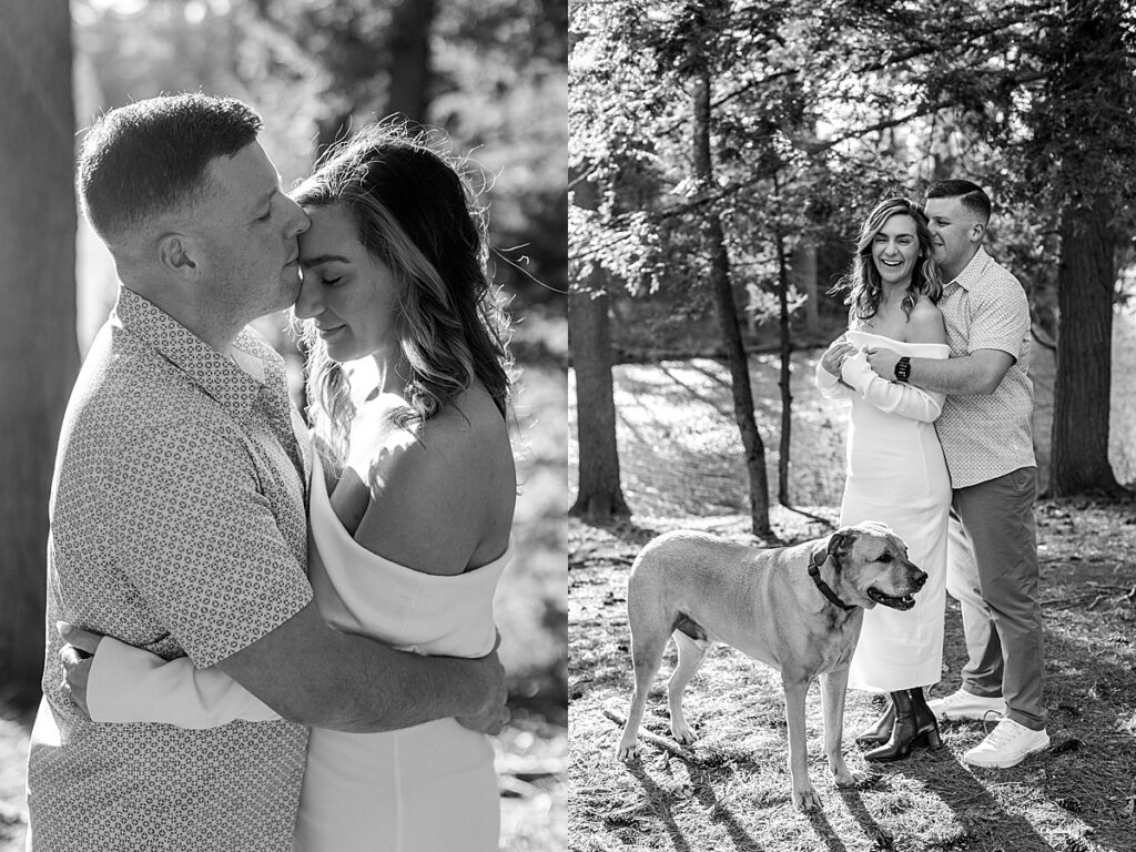 Two black and white portraits of a couple with their dog in the woods; one with a forehead kiss, the other with arms wrapped around each other.