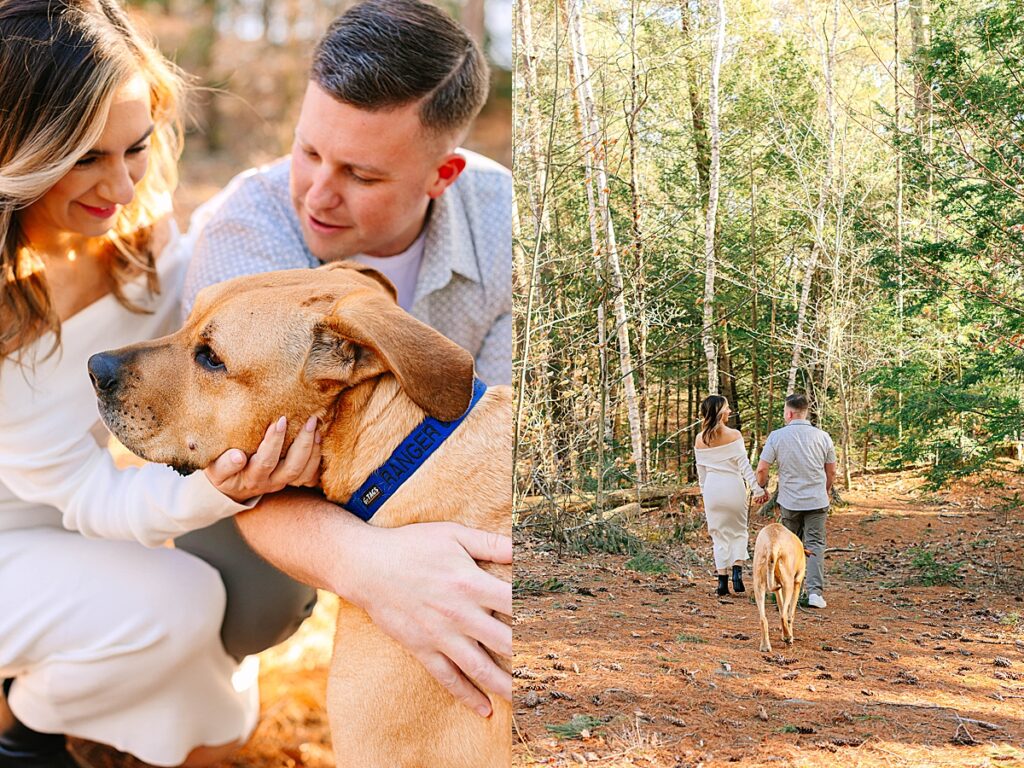 Couple kneeling in the woods petting their large tan dog with a blue collar that reads “Ranger.”