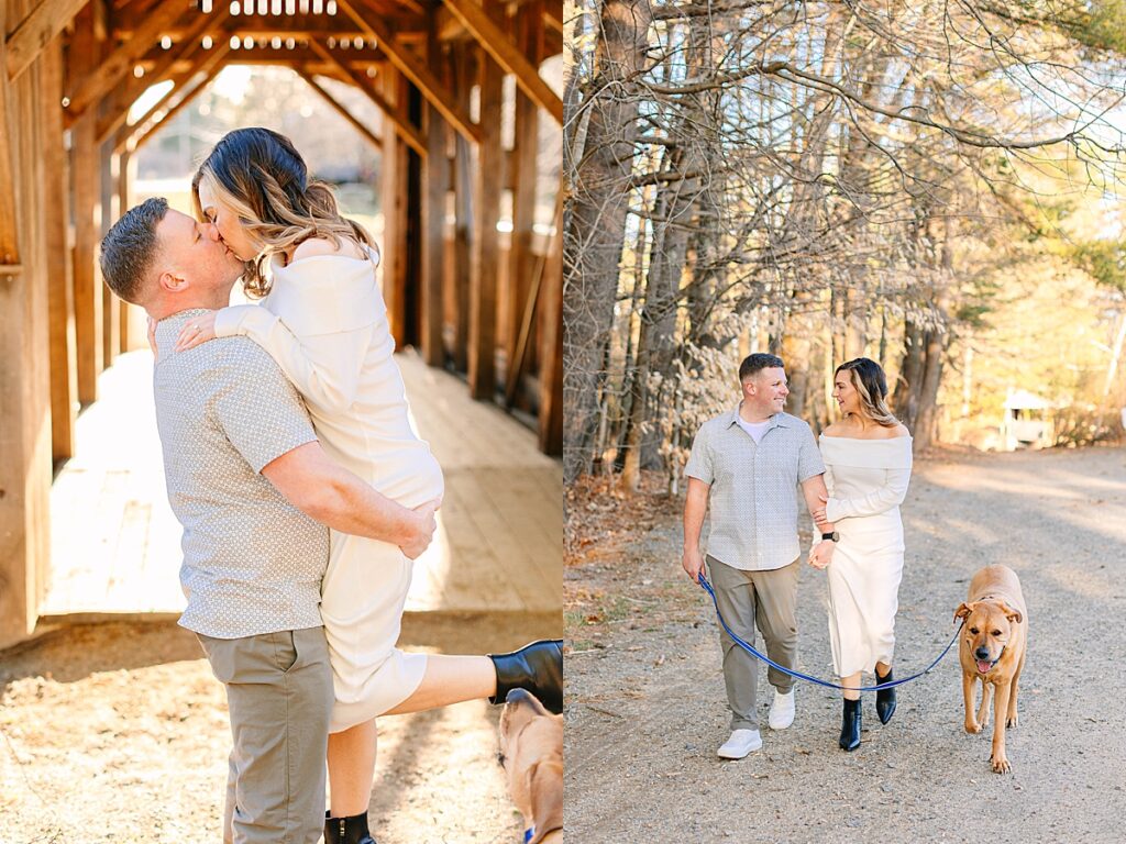 On the left, a man lifts and kisses a woman inside a covered wooden bridge; on the right, the couple walks a tan dog along a wooded gravel path.