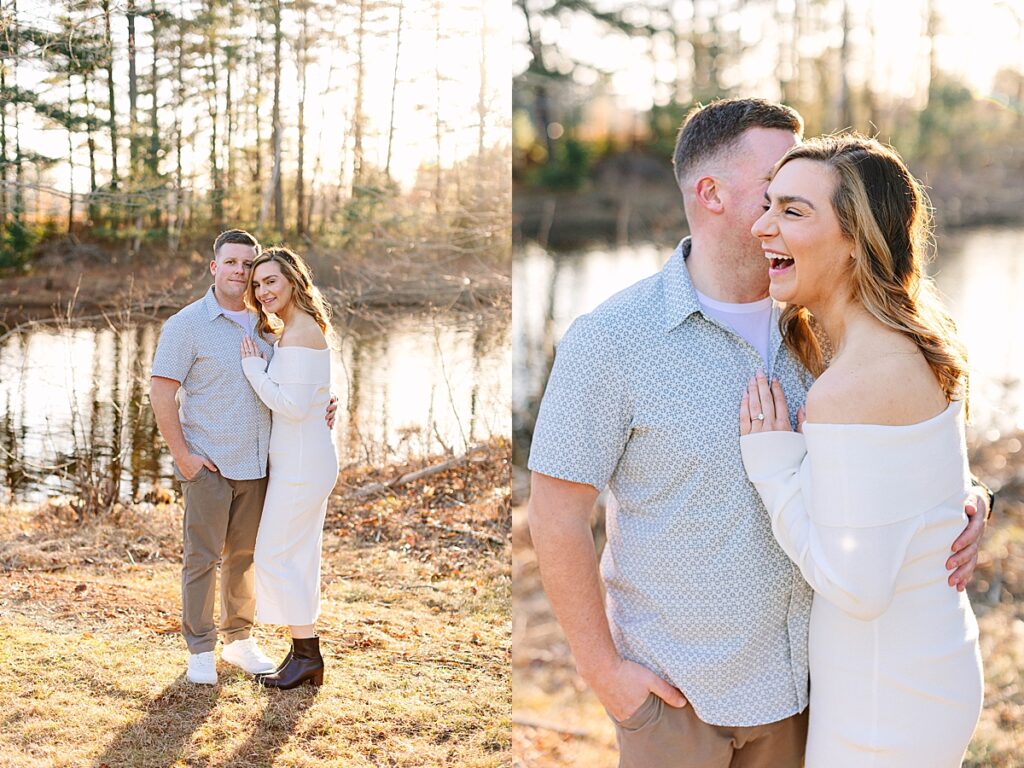 Side-by-side photos of a couple by a calm pond at golden hour, one smiling at the camera and the other sharing a joyful moment.