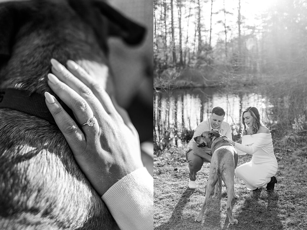 Left: close-up of a woman’s hand with an engagement ring resting on a dog’s back. Right: couple kneels beside their dog near a reflective pond.