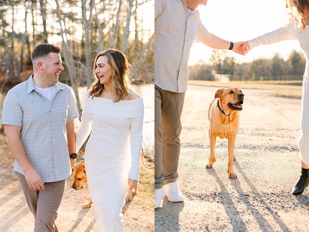 On the left, couple walks side by side with their dog on a leash; on the right, they hold hands above their dog in a playful moment.
