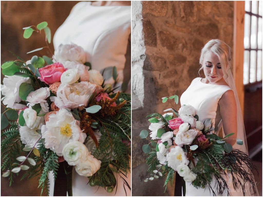 bride-holding-wedding-bouquet-by-wedding
