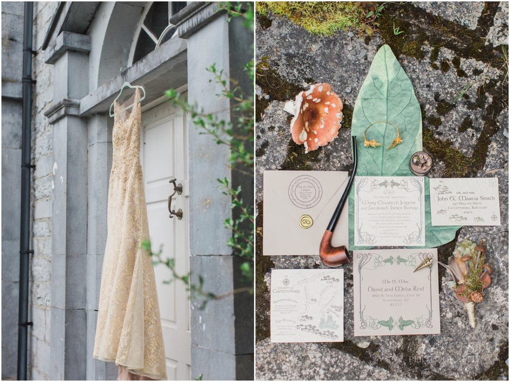 wedding invitation and wedding dress hanging on door