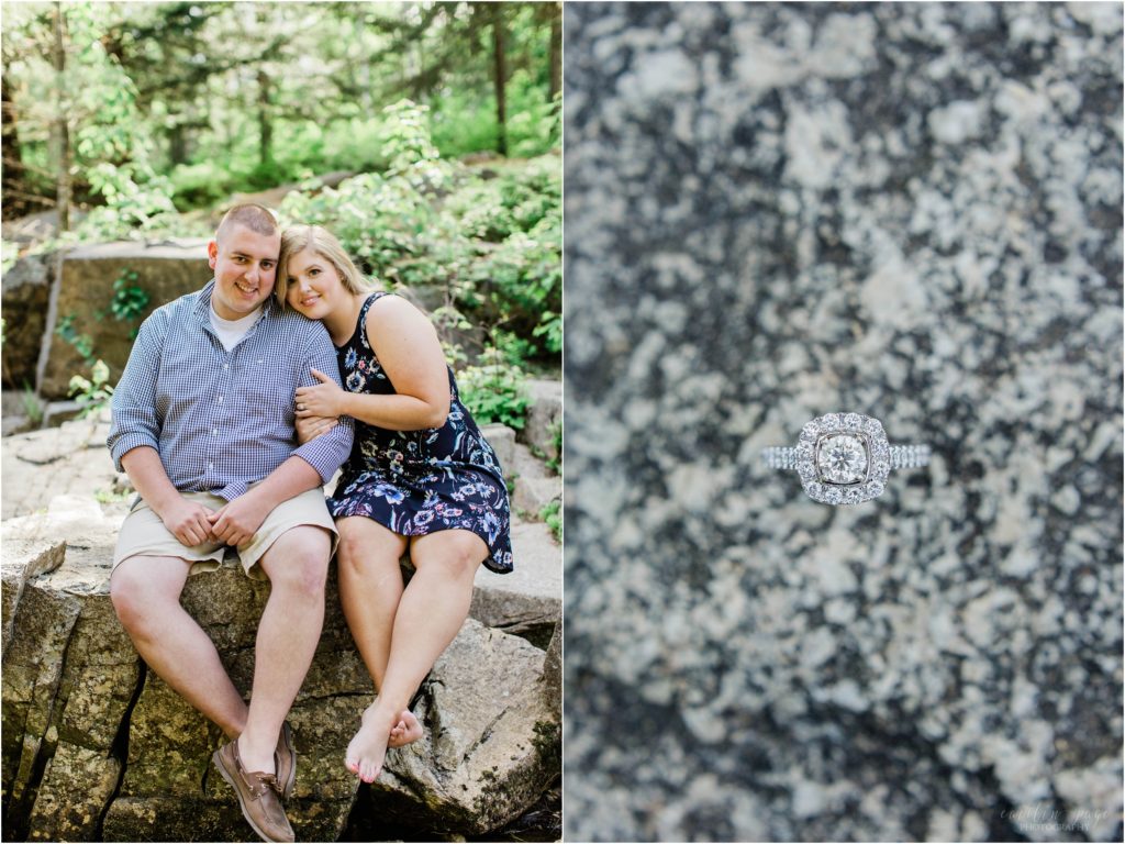 engagement ring and couple sitting on river rock