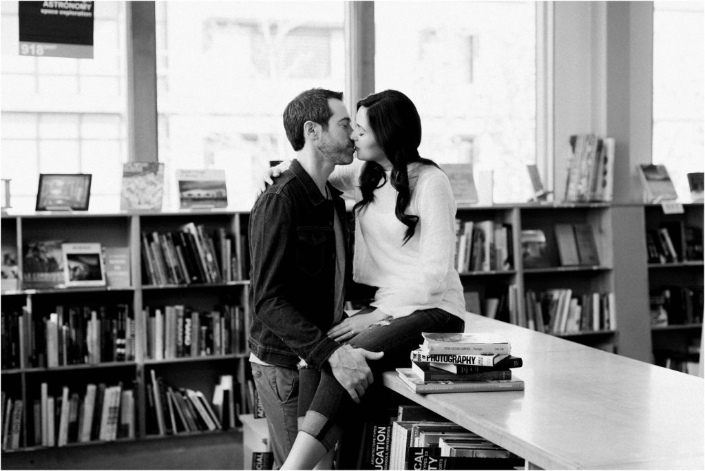 black and white portrait couple bookstore oregon