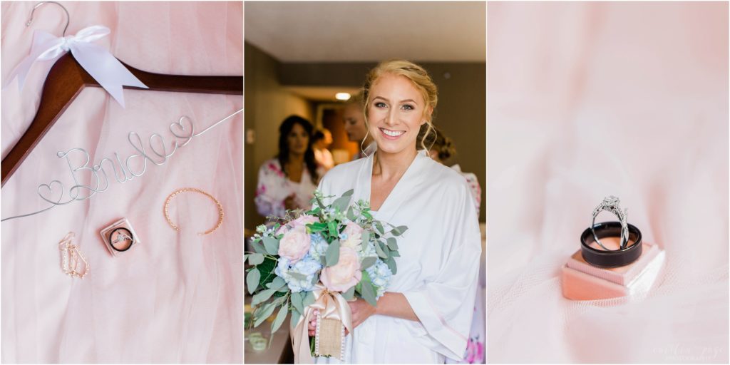 bride holding flowers pink details