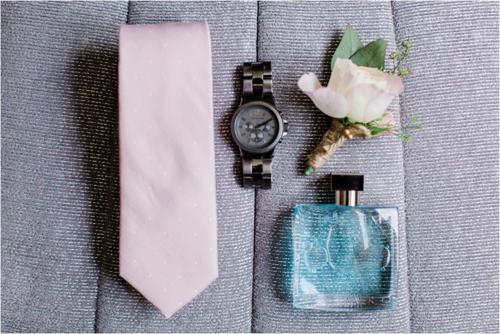 groom wedding details pink tie flower watch