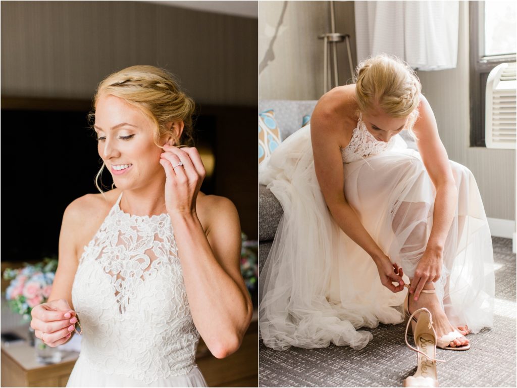 bride putting on jewelry and shoes