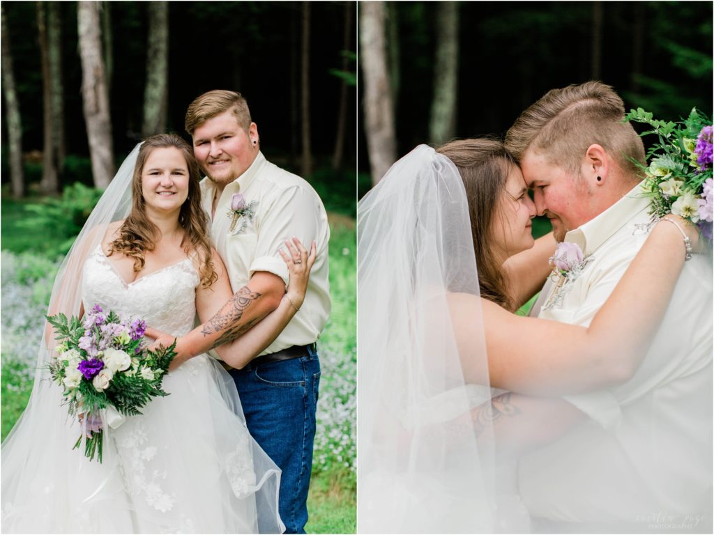 bride and groom standing together in maine woods