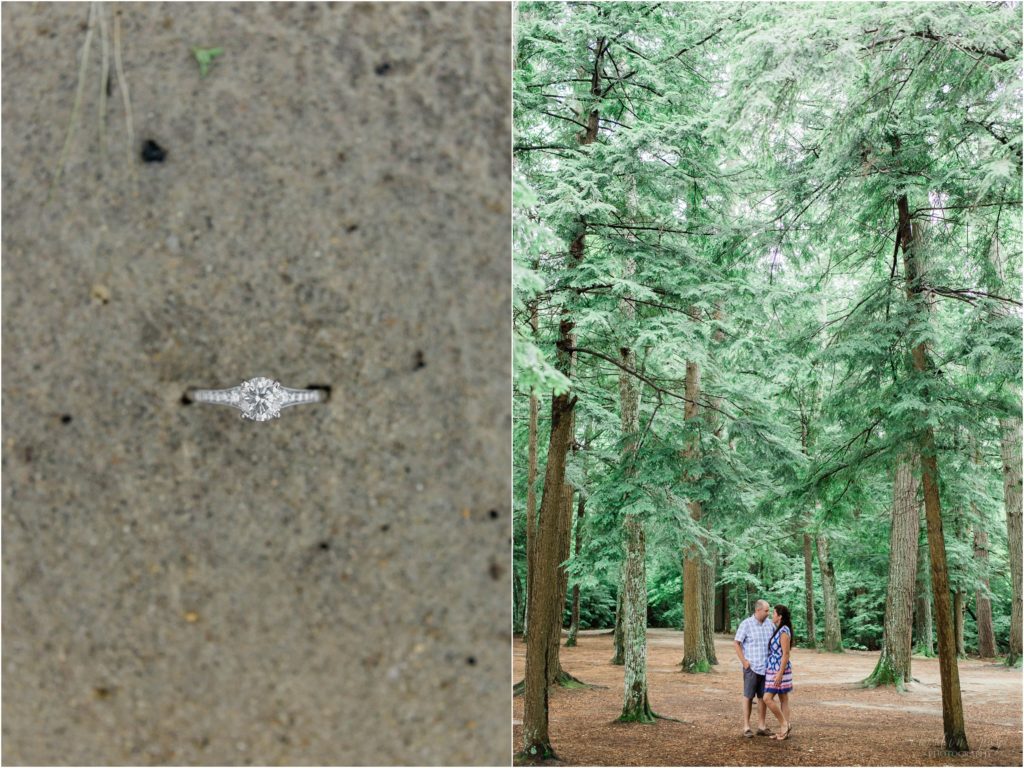 engagement ring in sand and man and woman in woods