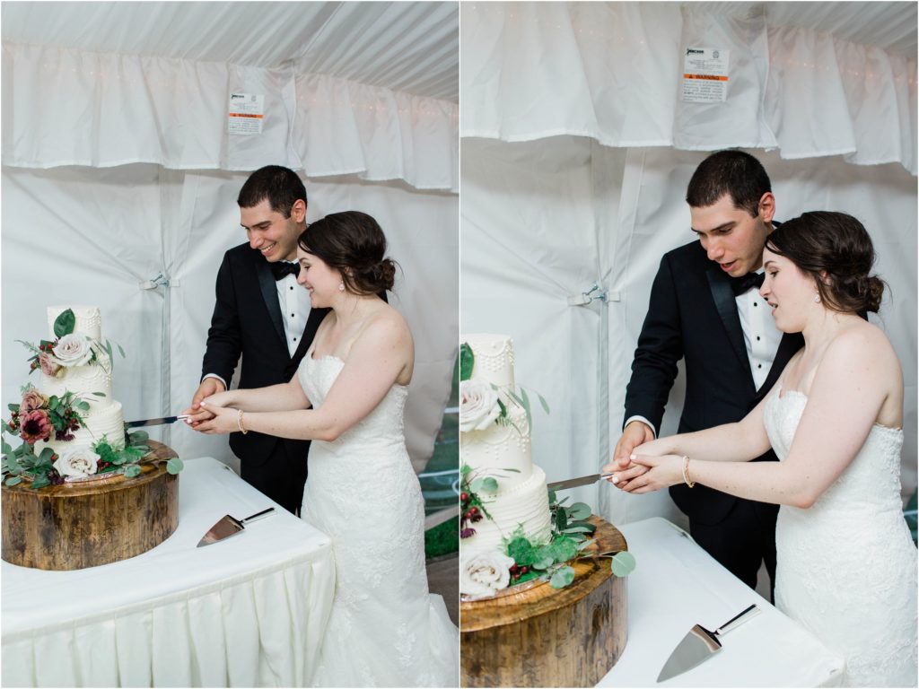 bride and groom cutting autumn nomad wedding cake