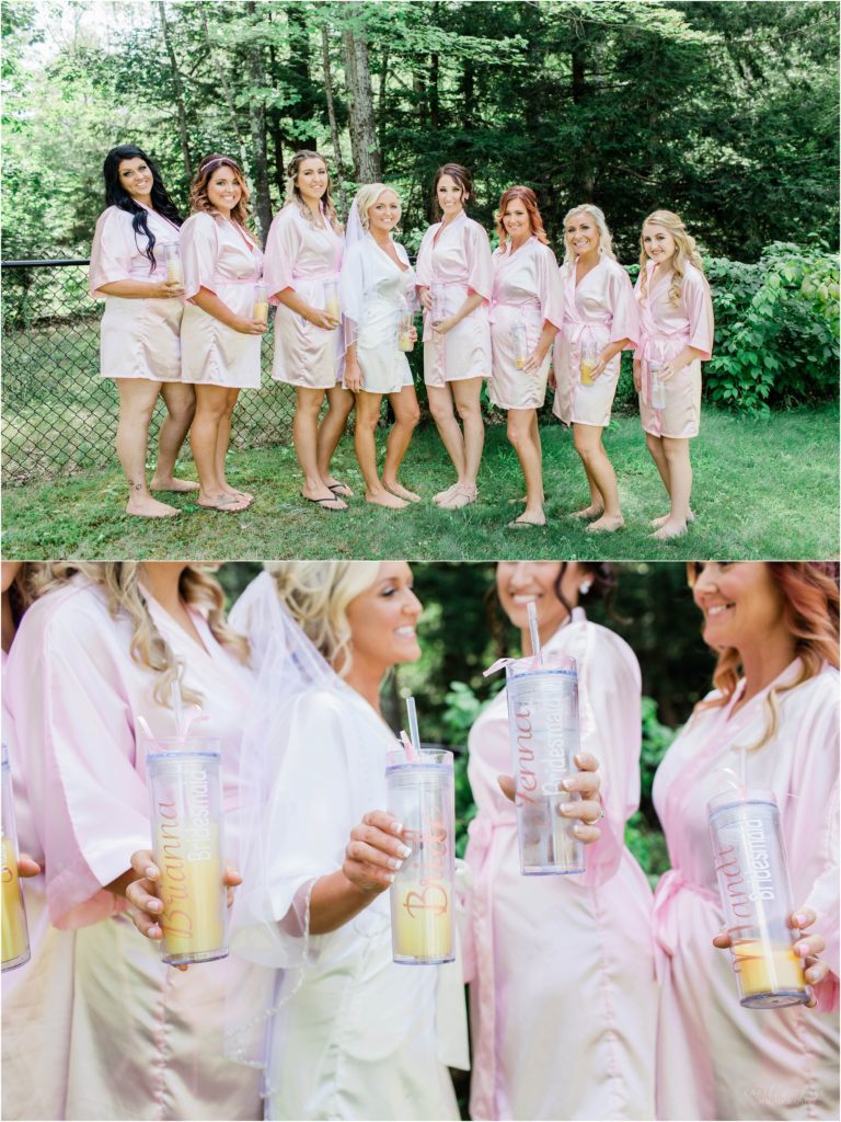 bride and bridesmaids in robes matching cups