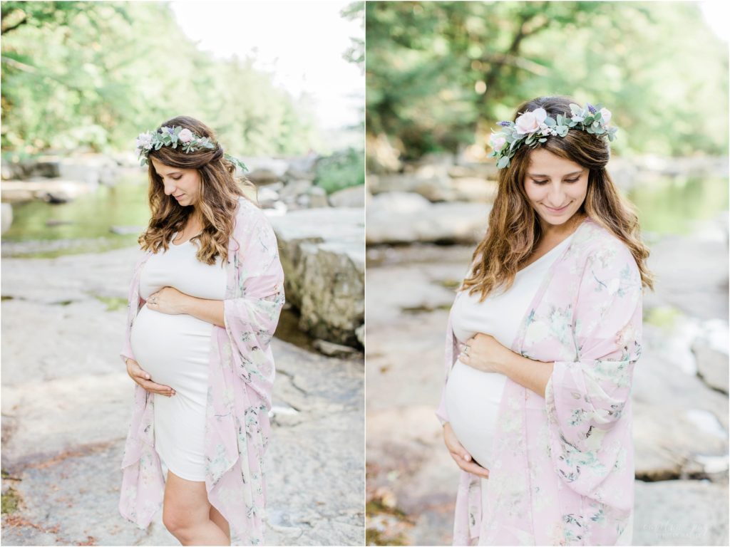 pregnant woman in pink flower crown
