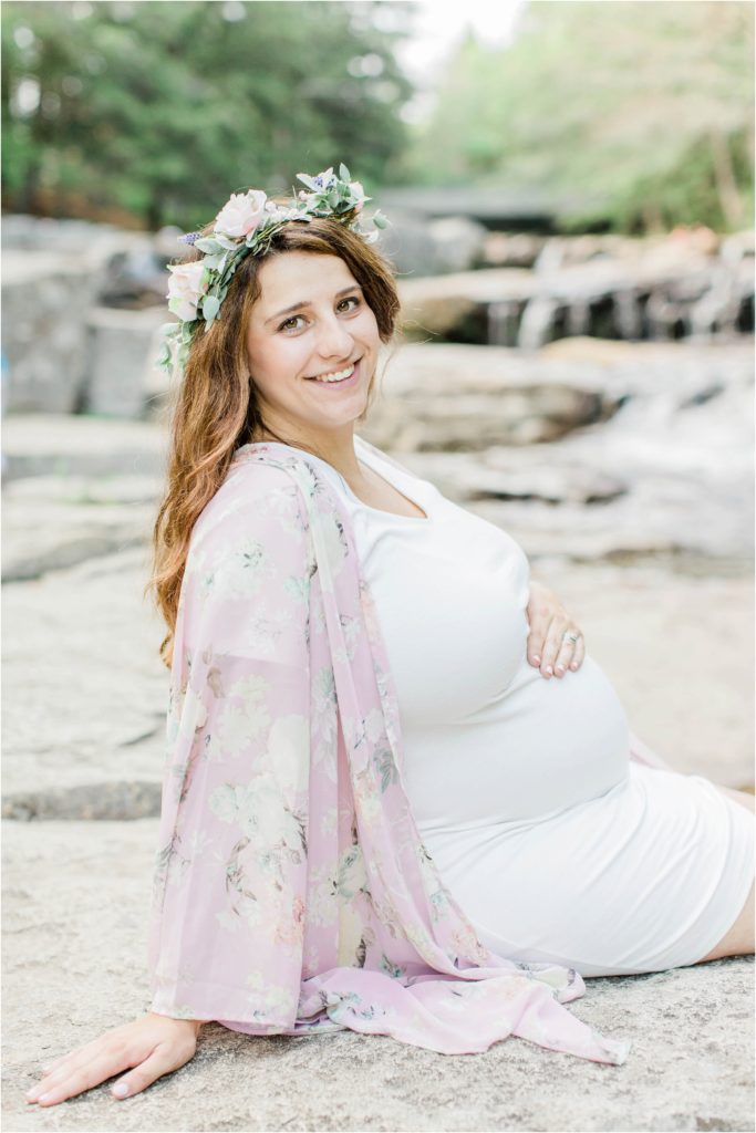 pregnant woman in pink with flower crown
