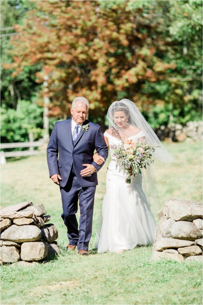 bride and dad walking down the aisle moody mountain farm wolfeboro