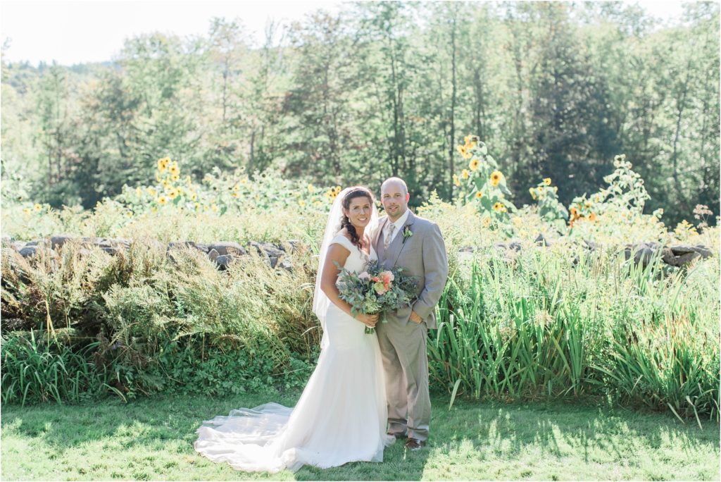 bride and groom sunflowers moody mountain farm wolfeboro nh