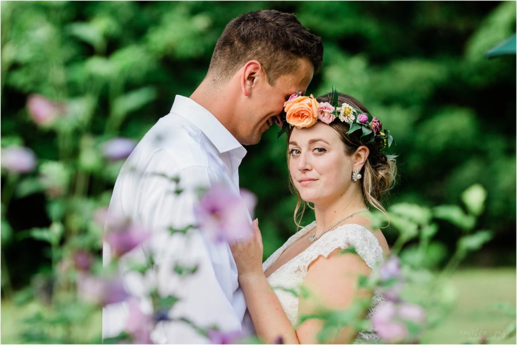 bride and groom portrait summer wedding flower crown stonehurst manor glen new hampshire