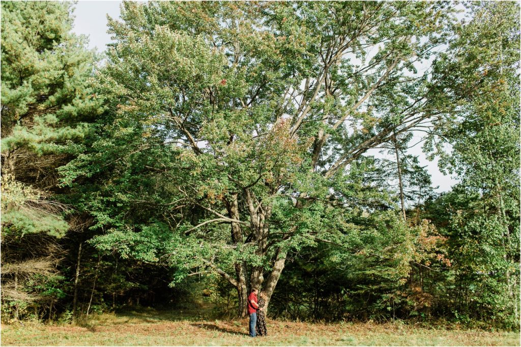 couple standing under tree in field effingham new hampshire