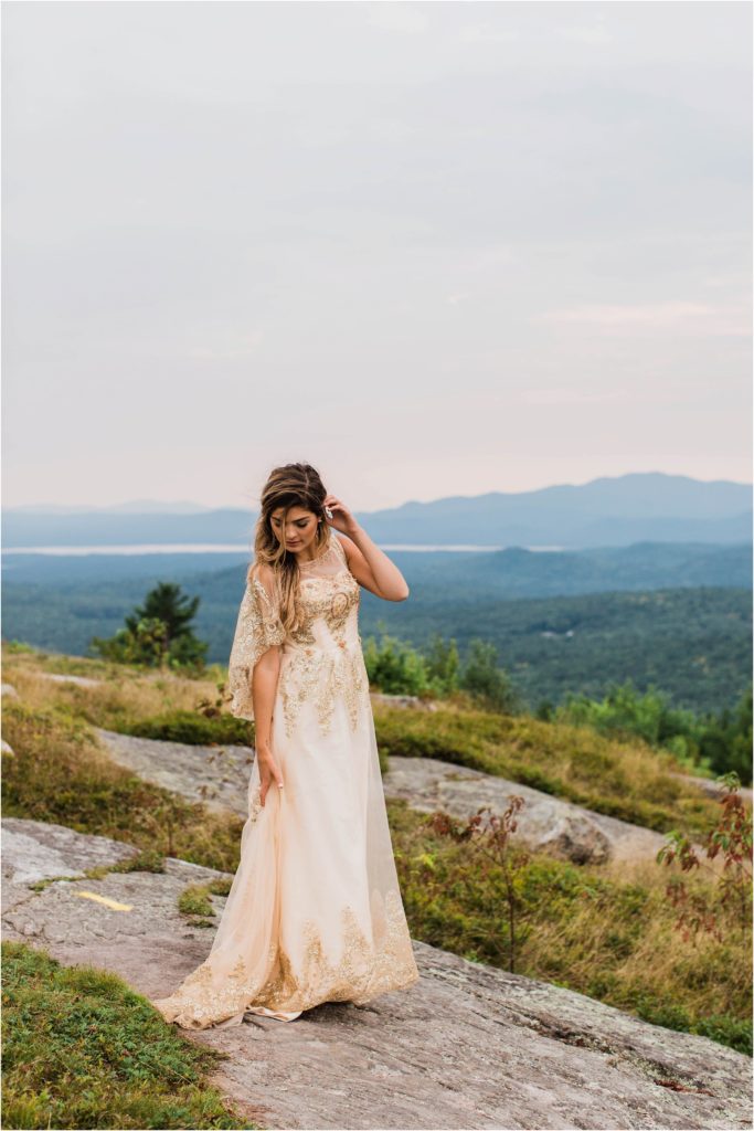 woman wearing champagne dress foss mountain