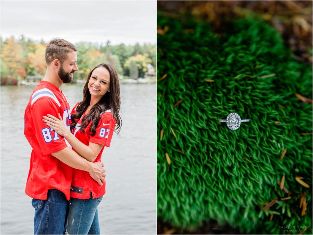 engagement ring couple in patriots jerseys engagement session