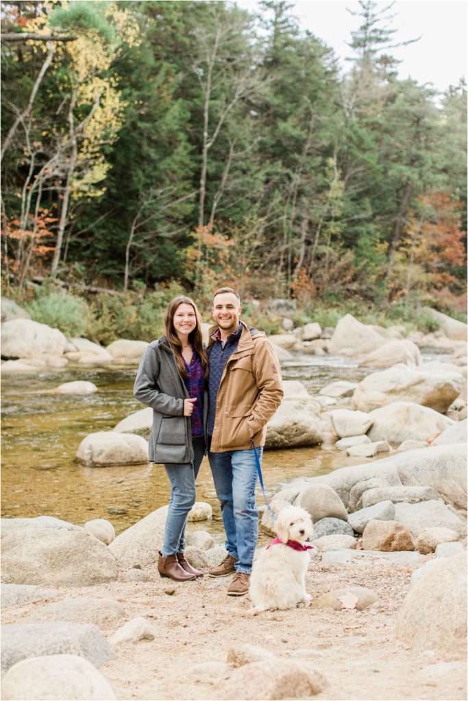 couple with puppy lower falls kancamagus highway