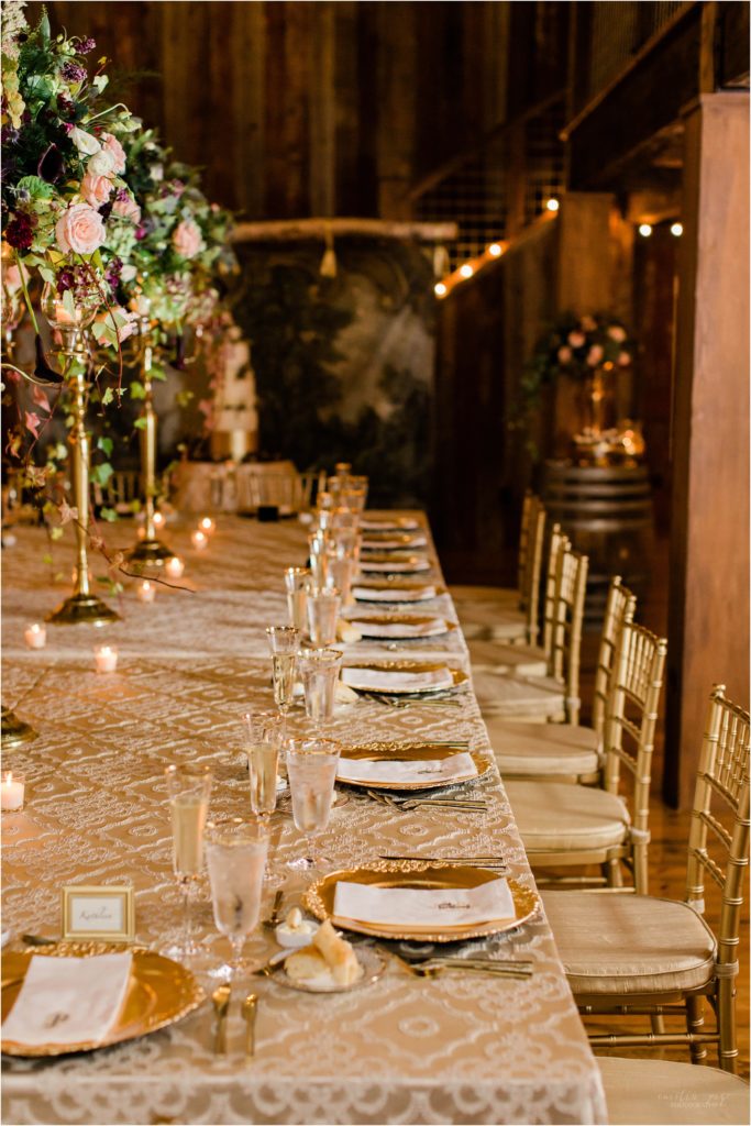 table setting with gold in barn