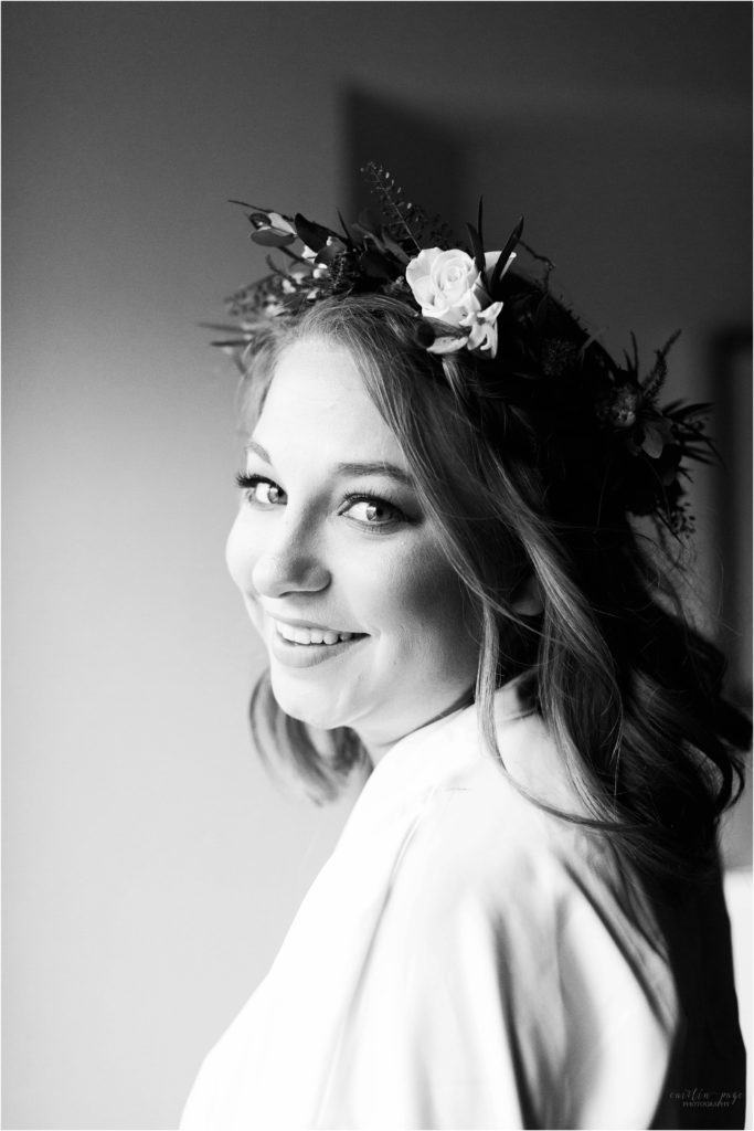 black and white portrait bride flower crown