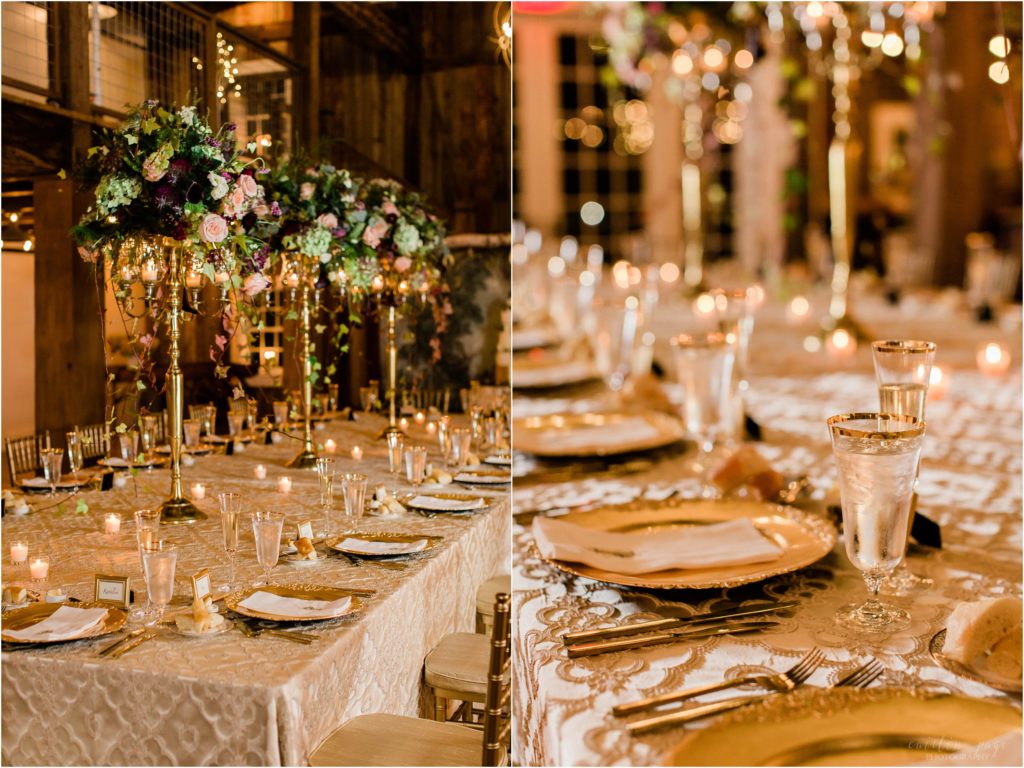 wedding reception details gold barn