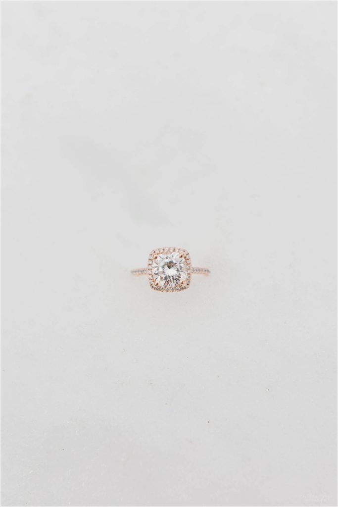 square cut engagement ring in snow