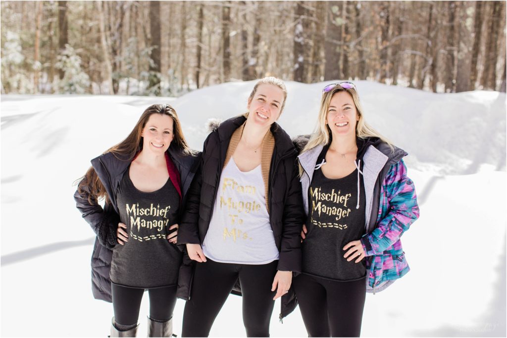 women in harry potter t-shirts in snow