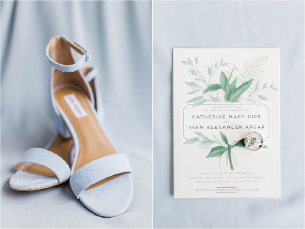 blue shoes and wedding invitation