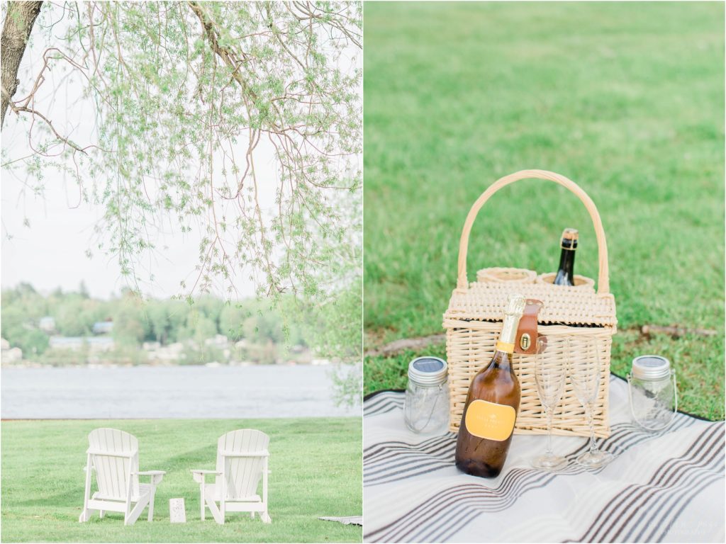 champagne and picnic basket set up lakeside