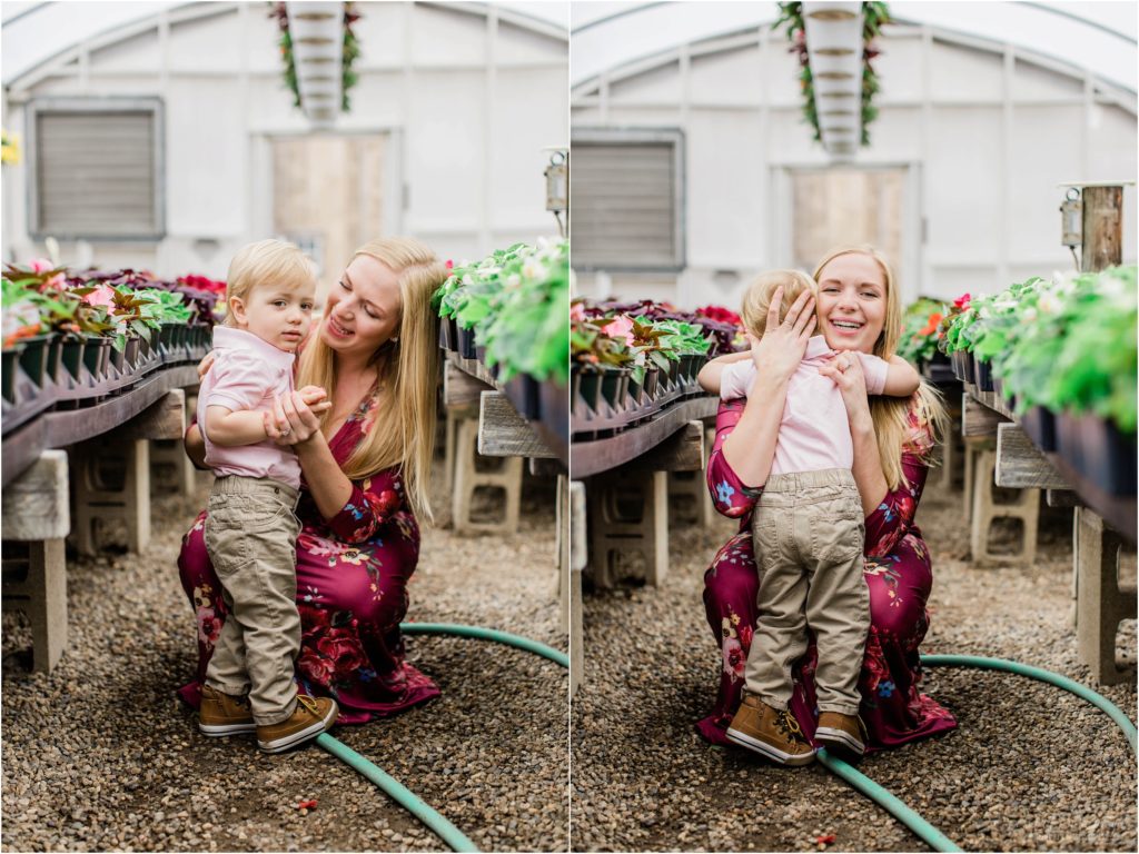 mom and little boy in plant nursery