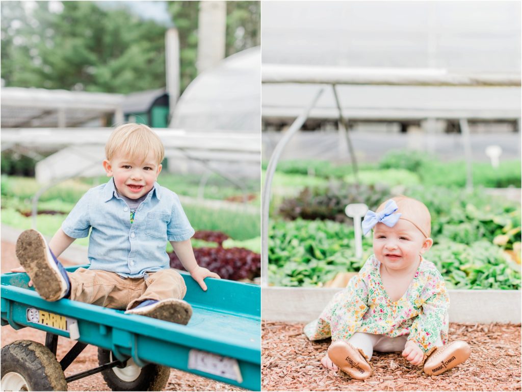 little boy in wagon and little girl in nursery