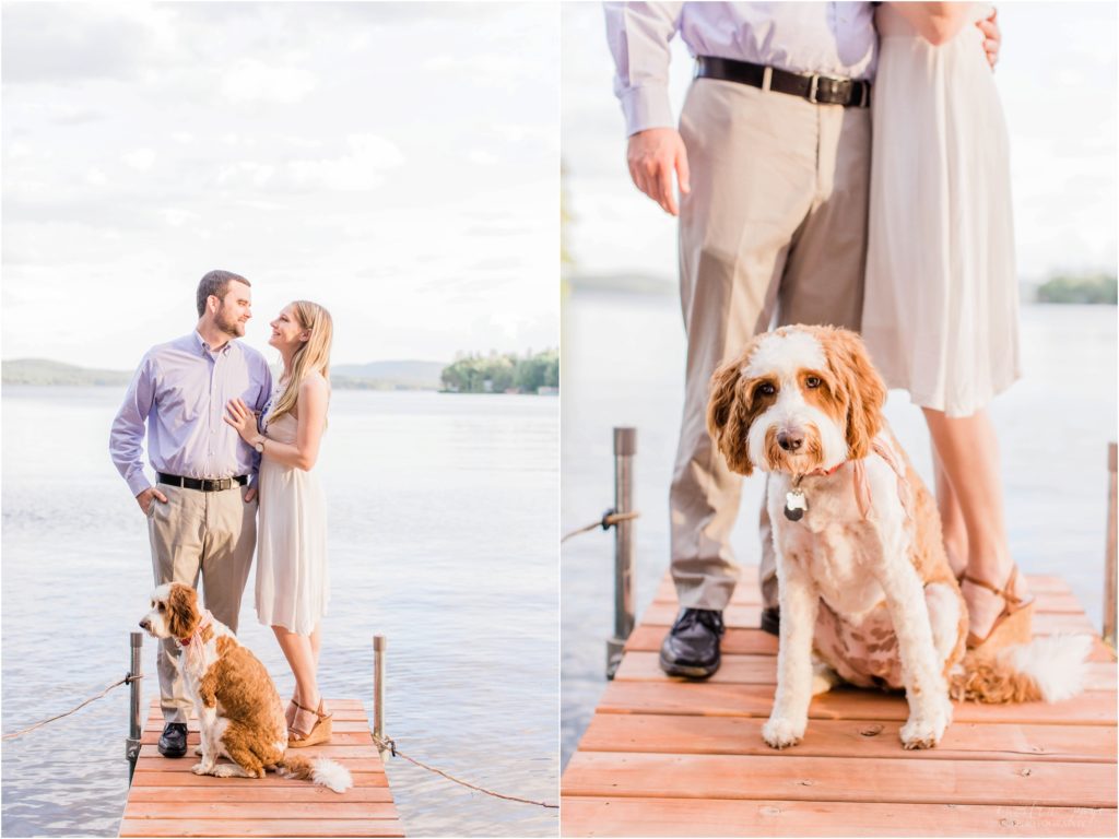 Couple standing on dock with puppy