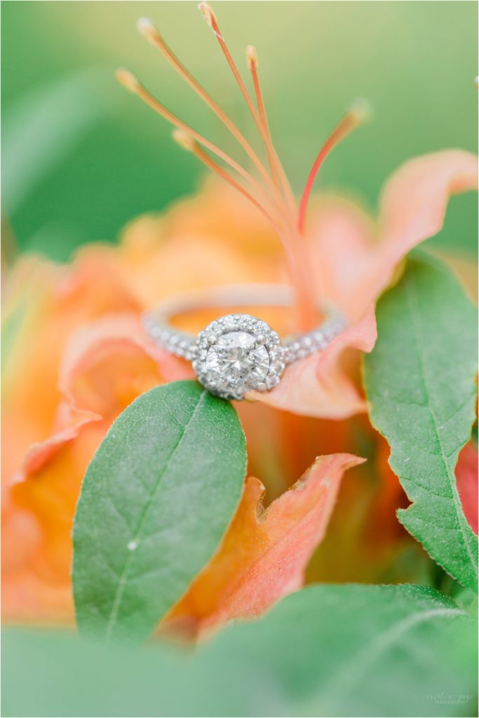 solitaire engagement ring on orange azalea
