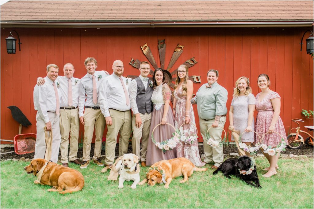 bridal party with dogs