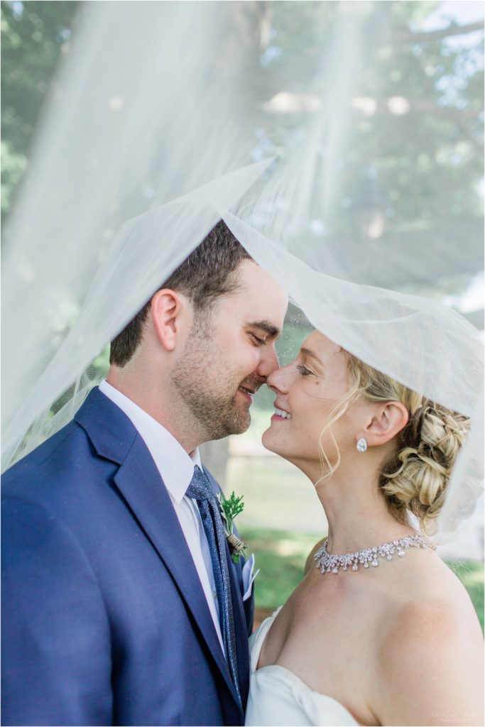Bride and groom portrait at Cate Park Wolfeboro under glitter veil