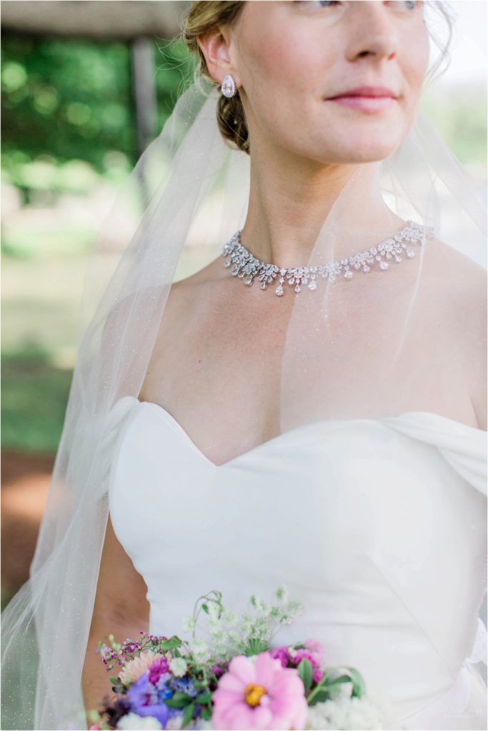 Classic bridal details with jeweled necklace and glitter veil