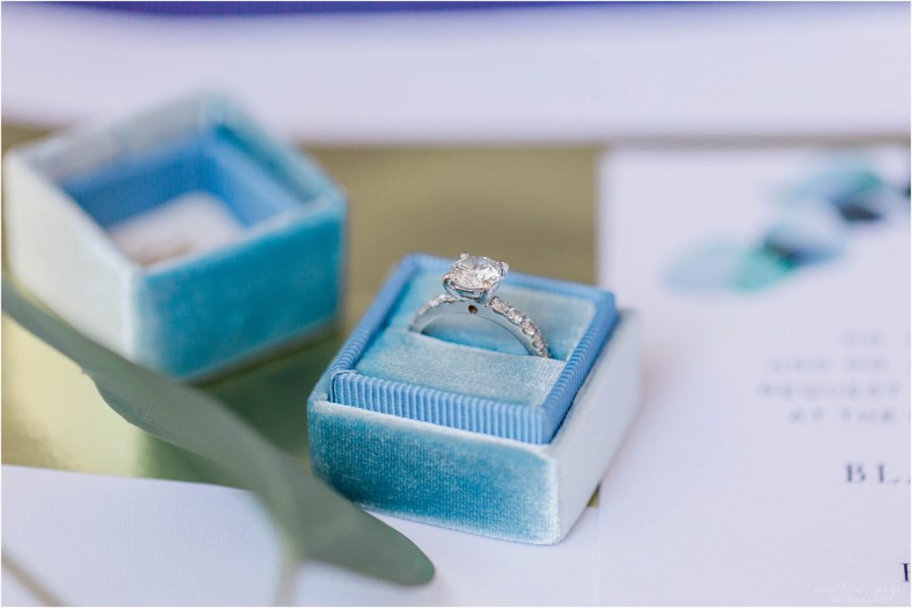 engagement ring in blue velvet box