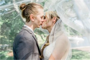 bride and groom kissing under veil