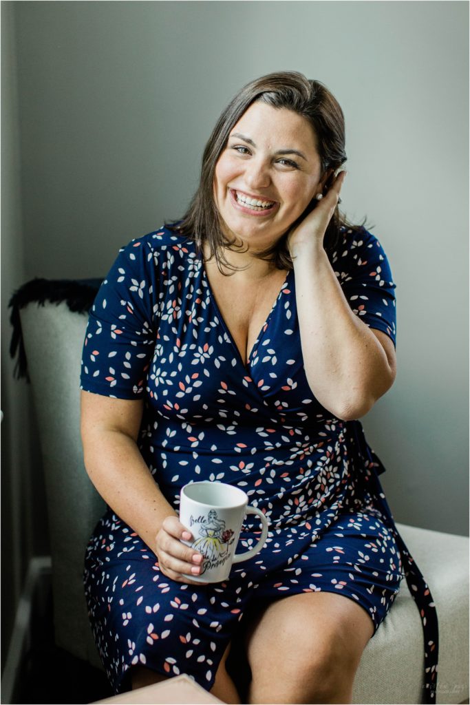 Branding session photo of woman sitting on chair holding coffee mug