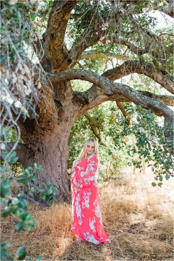 Pregnant woman in pink flowered dress standing under tree at sunset Coto de Caza California