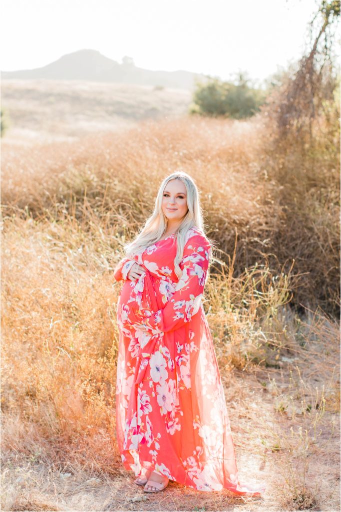 Pregnant woman standing under tree at sunset in California